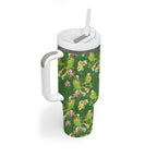 Australia Budgerigars Parakeets Tumbler With Handle Green And Yellow Bird Seamless Orchids Flowers