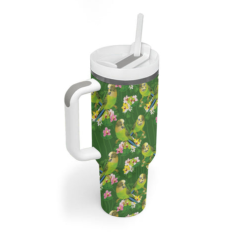 Australia Budgerigars Parakeets Tumbler With Handle Green And Yellow Bird Seamless Orchids Flowers