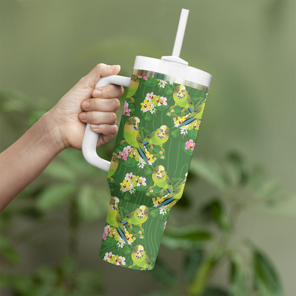 Australia Budgerigars Parakeets Tumbler With Handle Green And Yellow Bird Seamless Orchids Flowers