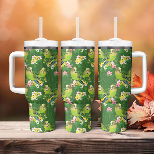 Australia Budgerigars Parakeets Tumbler With Handle Green And Yellow Bird Seamless Orchids Flowers
