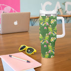 Australia Budgerigars Parakeets Tumbler With Handle Green And Yellow Bird Seamless Orchids Flowers
