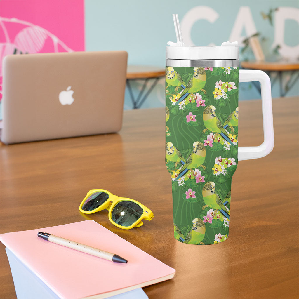 Australia Budgerigars Parakeets Tumbler With Handle Green And Yellow Bird Seamless Orchids Flowers