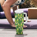 Australia Budgerigars Parakeets Tumbler With Handle Green And Yellow Bird Seamless Orchids Flowers