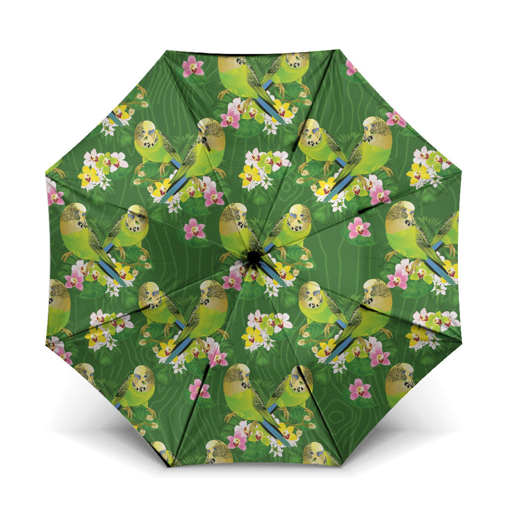 Australia Budgerigars Parakeets Umbrella Green And Yellow Bird Seamless Orchids Flowers
