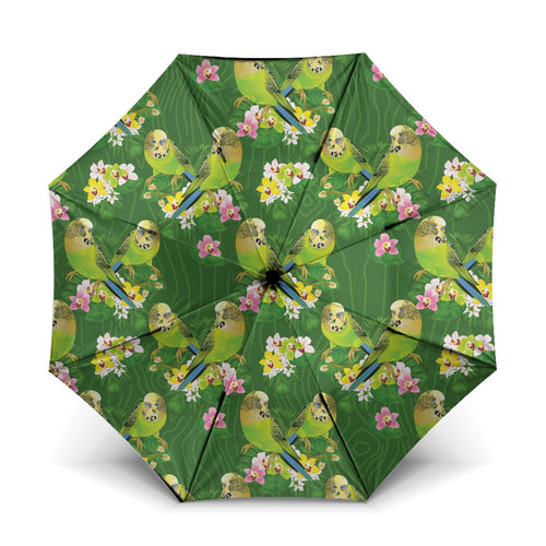 Australia Budgerigars Parakeets Umbrella Green And Yellow Bird Seamless Orchids Flowers