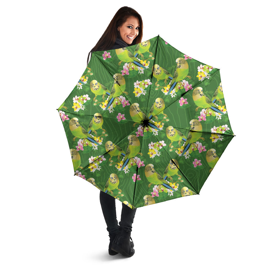 Australia Budgerigars Parakeets Umbrella Green And Yellow Bird Seamless Orchids Flowers