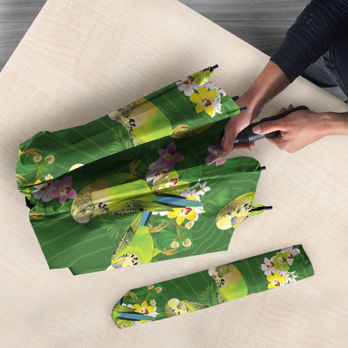 Australia Budgerigars Parakeets Umbrella Green And Yellow Bird Seamless Orchids Flowers
