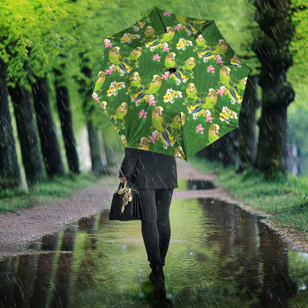 Australia Budgerigars Parakeets Umbrella Green And Yellow Bird Seamless Orchids Flowers