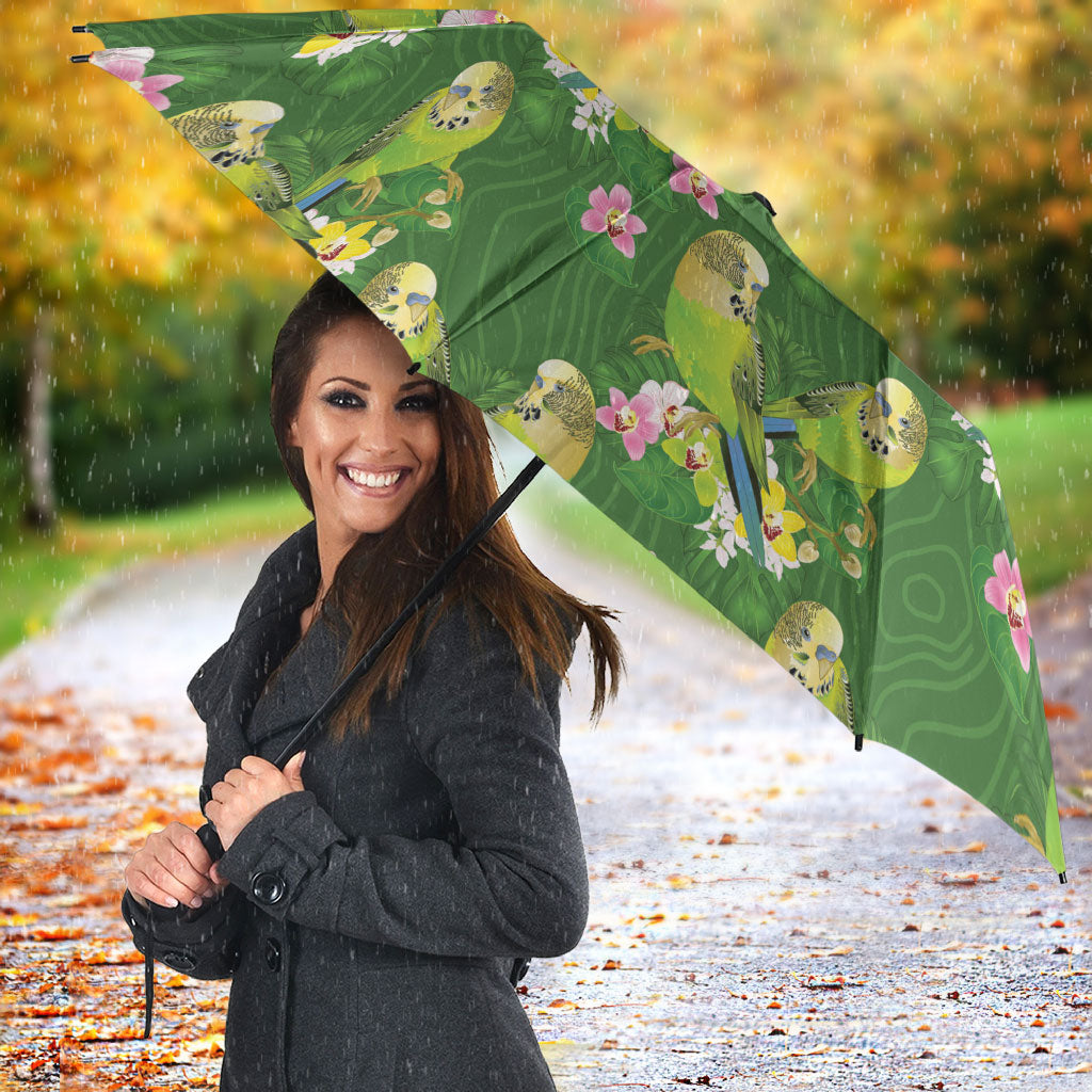 Australia Budgerigars Parakeets Umbrella Green And Yellow Bird Seamless Orchids Flowers