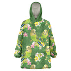 Australia Budgerigars Parakeets Wearable Blanket Hoodie Green And Yellow Bird Seamless Orchids Flowers