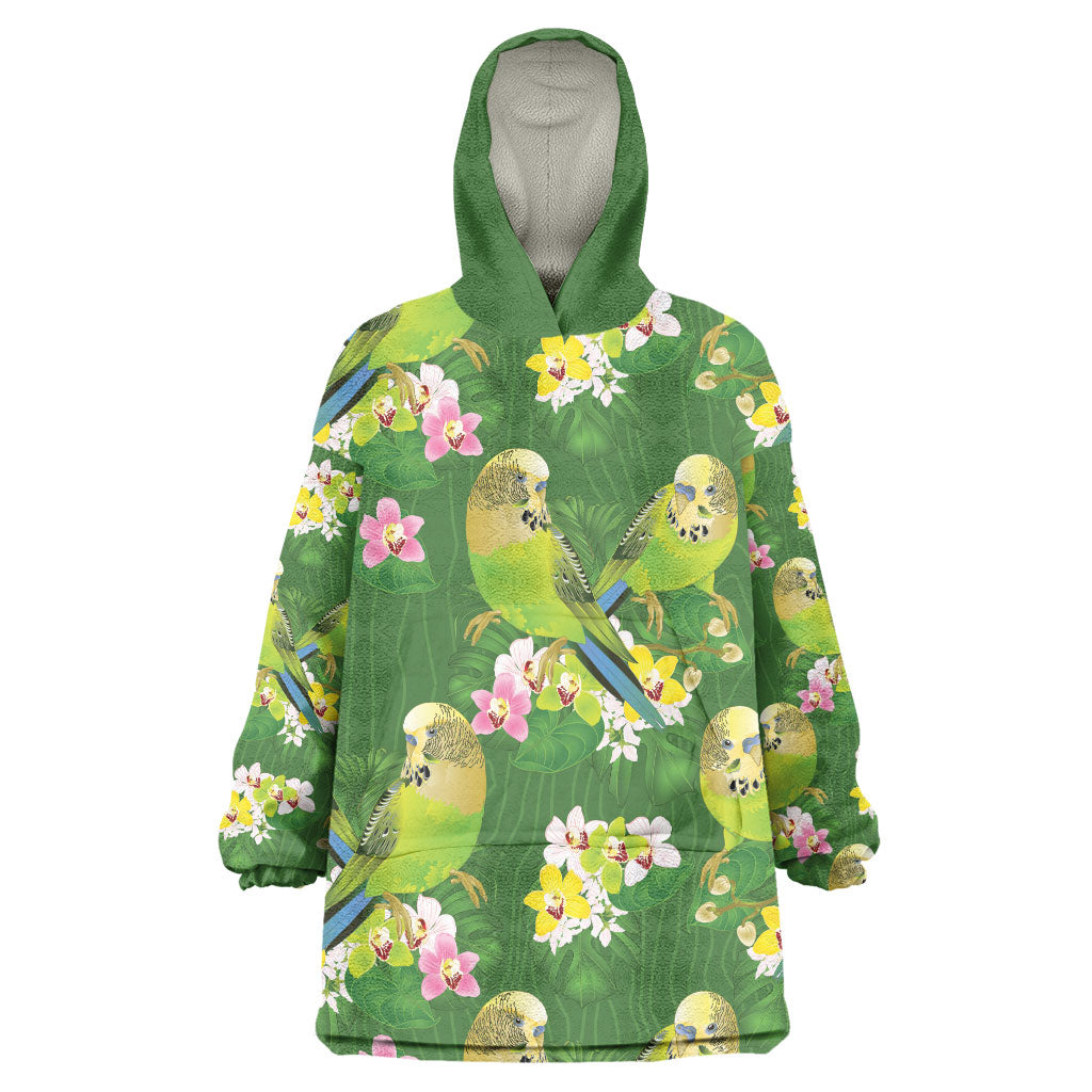 Australia Budgerigars Parakeets Wearable Blanket Hoodie Green And Yellow Bird Seamless Orchids Flowers