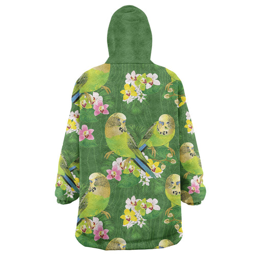 Australia Budgerigars Parakeets Wearable Blanket Hoodie Green And Yellow Bird Seamless Orchids Flowers