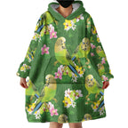Australia Budgerigars Parakeets Wearable Blanket Hoodie Green And Yellow Bird Seamless Orchids Flowers