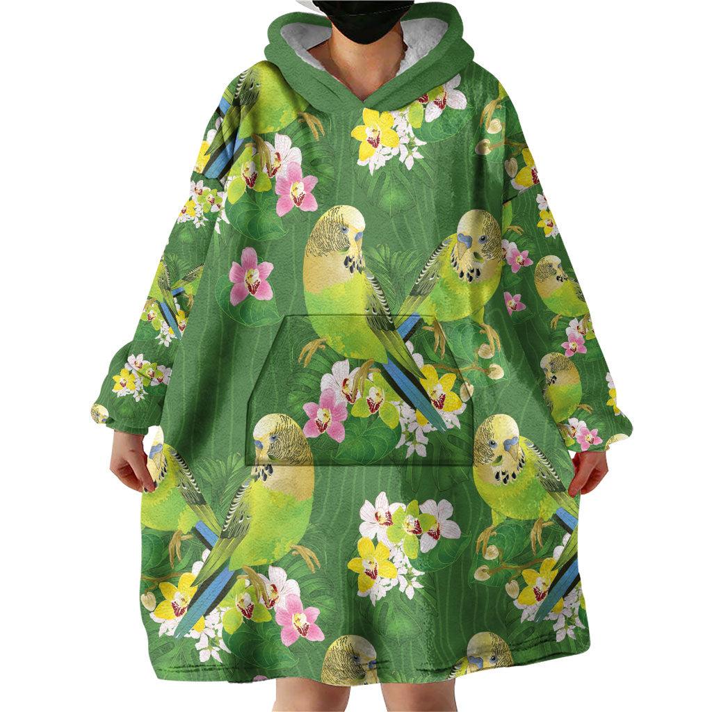 Australia Budgerigars Parakeets Wearable Blanket Hoodie Green And Yellow Bird Seamless Orchids Flowers
