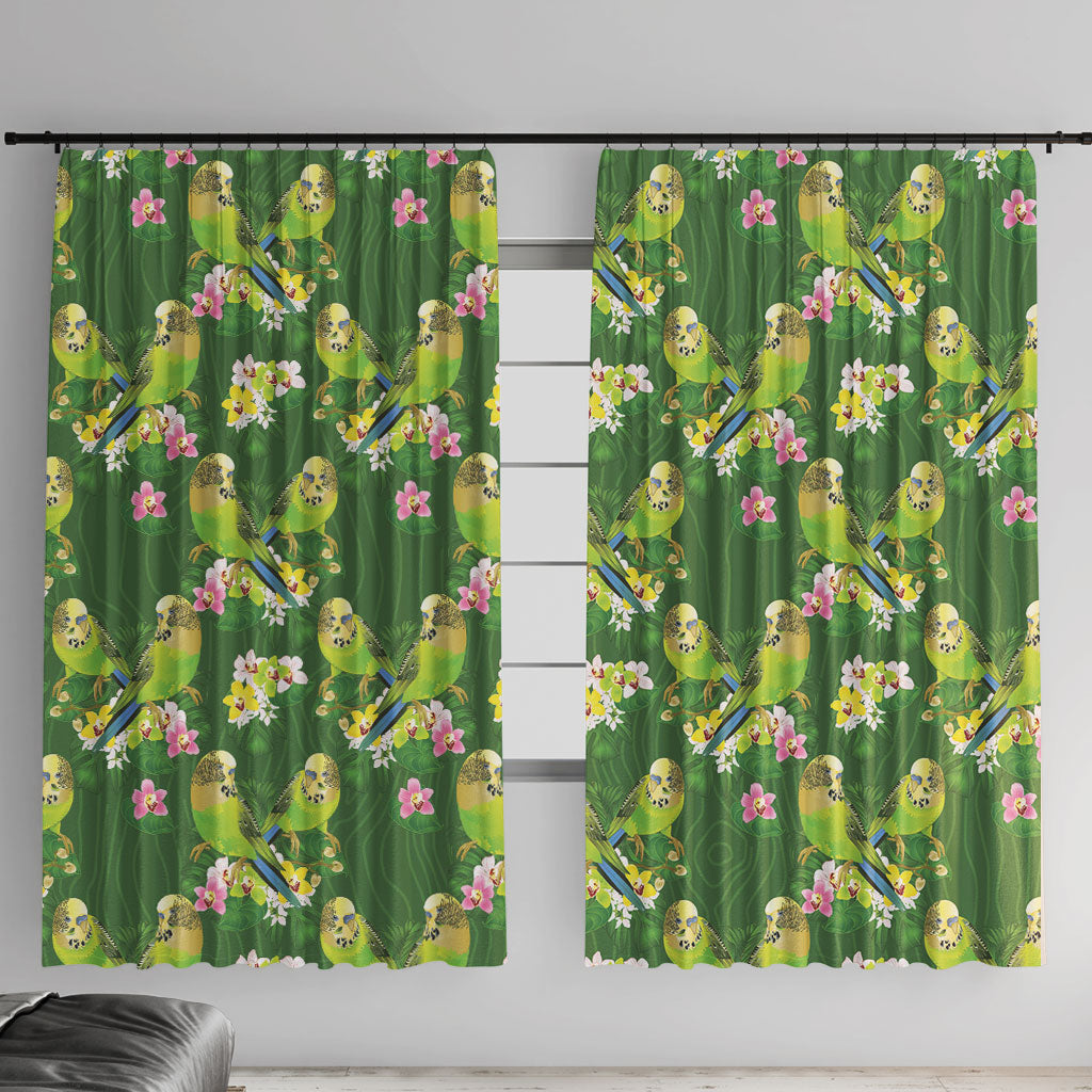 Australia Budgerigars Parakeets Window Curtain Green And Yellow Bird Seamless Orchids Flowers