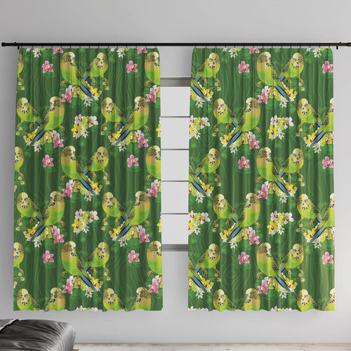 Australia Budgerigars Parakeets Window Curtain Green And Yellow Bird Seamless Orchids Flowers
