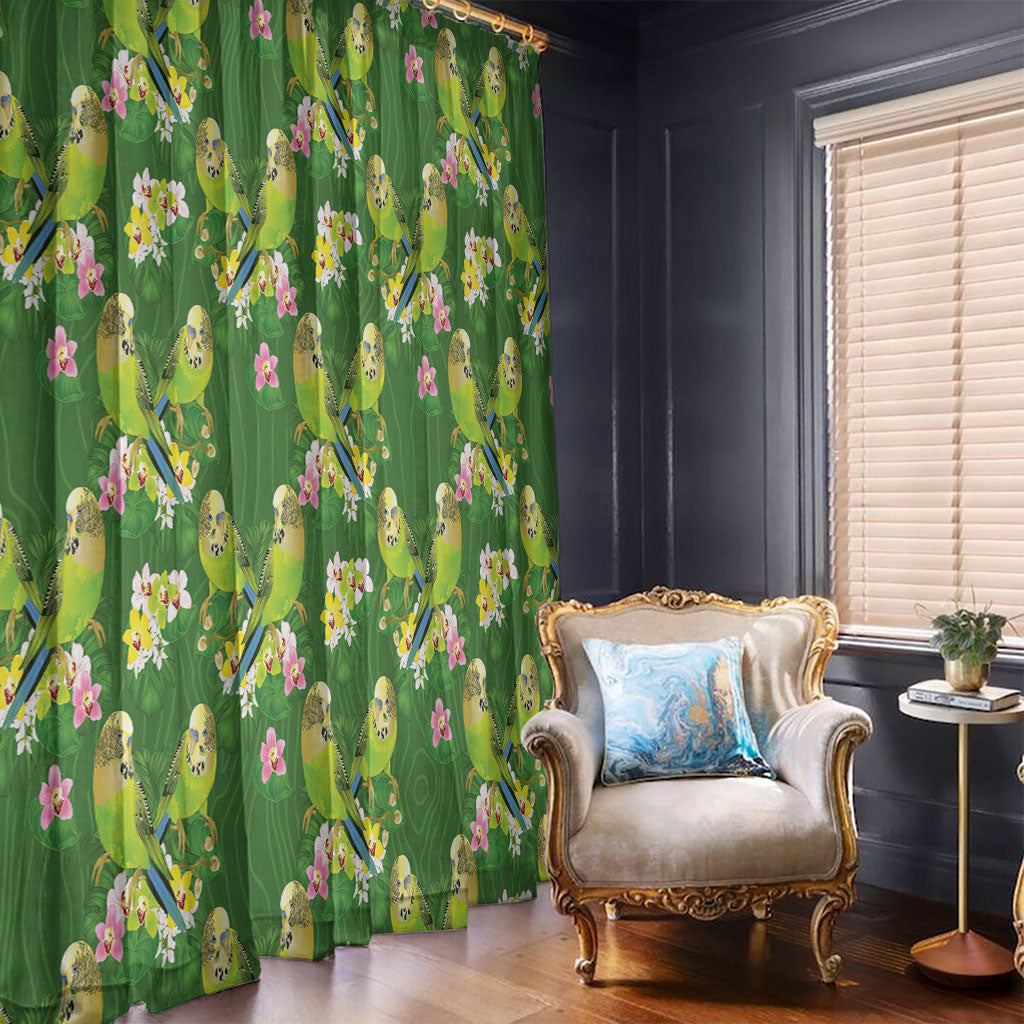 Australia Budgerigars Parakeets Window Curtain Green And Yellow Bird Seamless Orchids Flowers