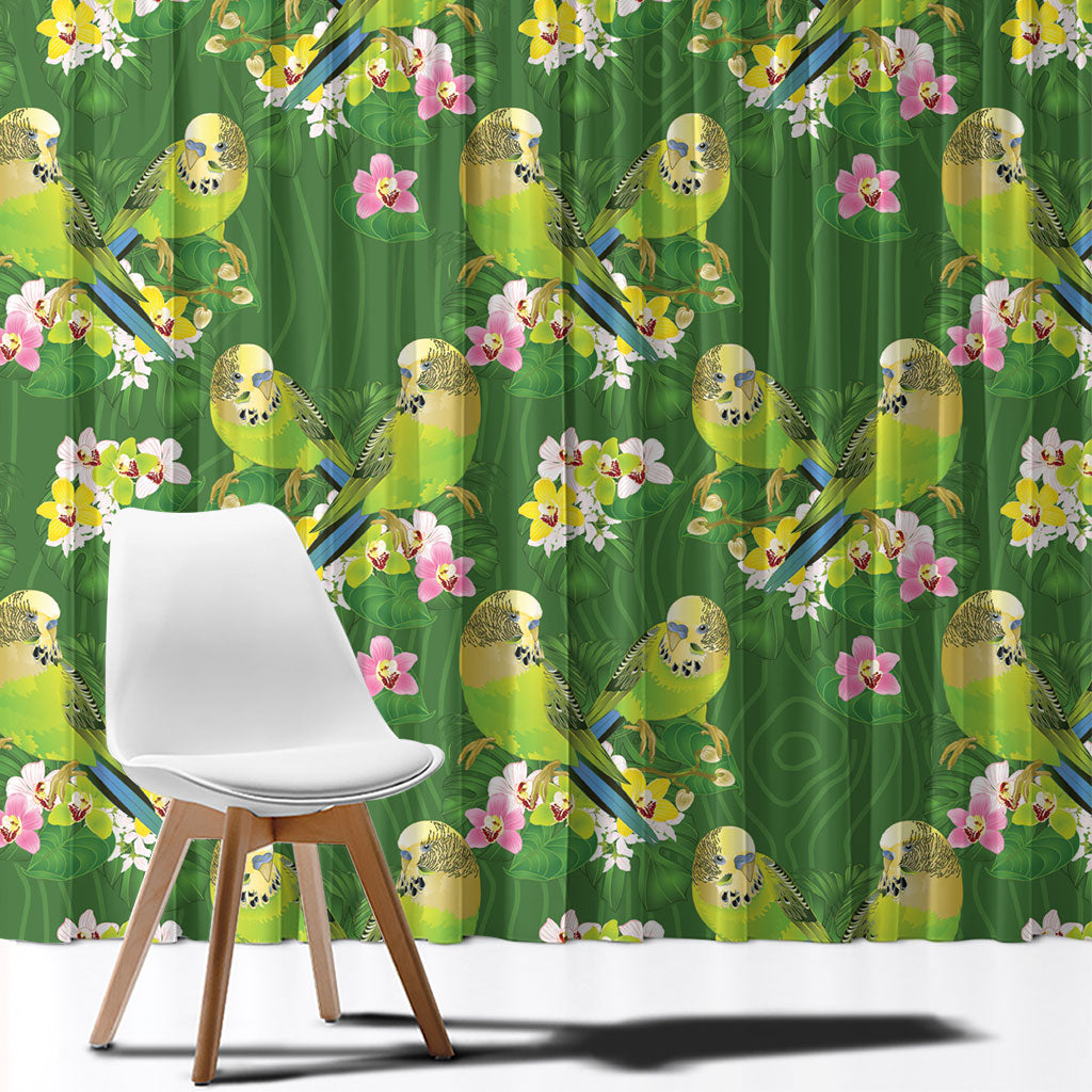 Australia Budgerigars Parakeets Window Curtain Green And Yellow Bird Seamless Orchids Flowers