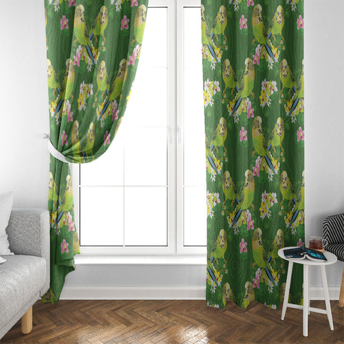 Australia Budgerigars Parakeets Window Curtain Green And Yellow Bird Seamless Orchids Flowers