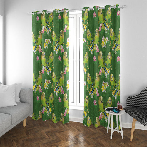 Australia Budgerigars Parakeets Window Curtain Green And Yellow Bird Seamless Orchids Flowers