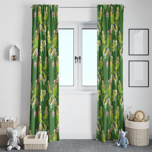 Australia Budgerigars Parakeets Window Curtain Green And Yellow Bird Seamless Orchids Flowers