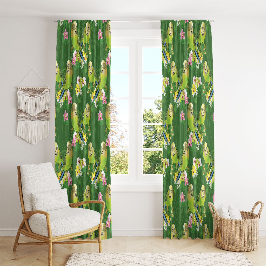 Australia Budgerigars Parakeets Window Curtain Green And Yellow Bird Seamless Orchids Flowers