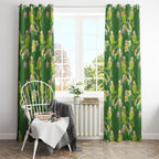 Australia Budgerigars Parakeets Window Curtain Green And Yellow Bird Seamless Orchids Flowers