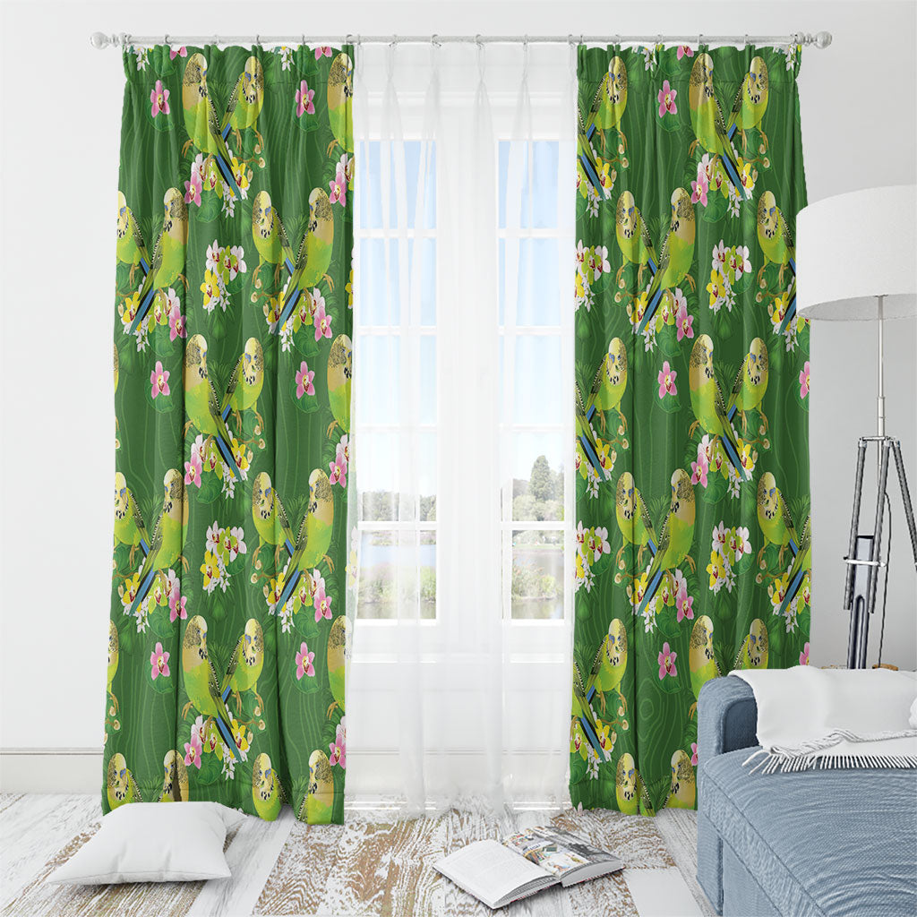Australia Budgerigars Parakeets Window Curtain Green And Yellow Bird Seamless Orchids Flowers