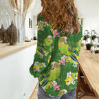Australia Budgerigars Parakeets Women Casual Shirt Green And Yellow Bird Seamless Orchids Flowers