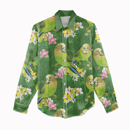Australia Budgerigars Parakeets Women Casual Shirt Green And Yellow Bird Seamless Orchids Flowers