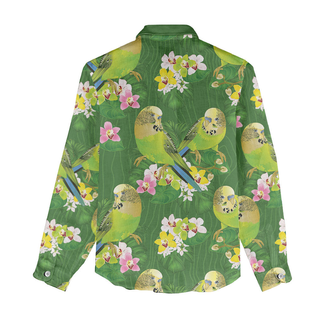 Australia Budgerigars Parakeets Women Casual Shirt Green And Yellow Bird Seamless Orchids Flowers