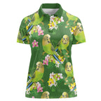 Australia Budgerigars Parakeets Women Polo Shirt Green And Yellow Bird Seamless Orchids Flowers