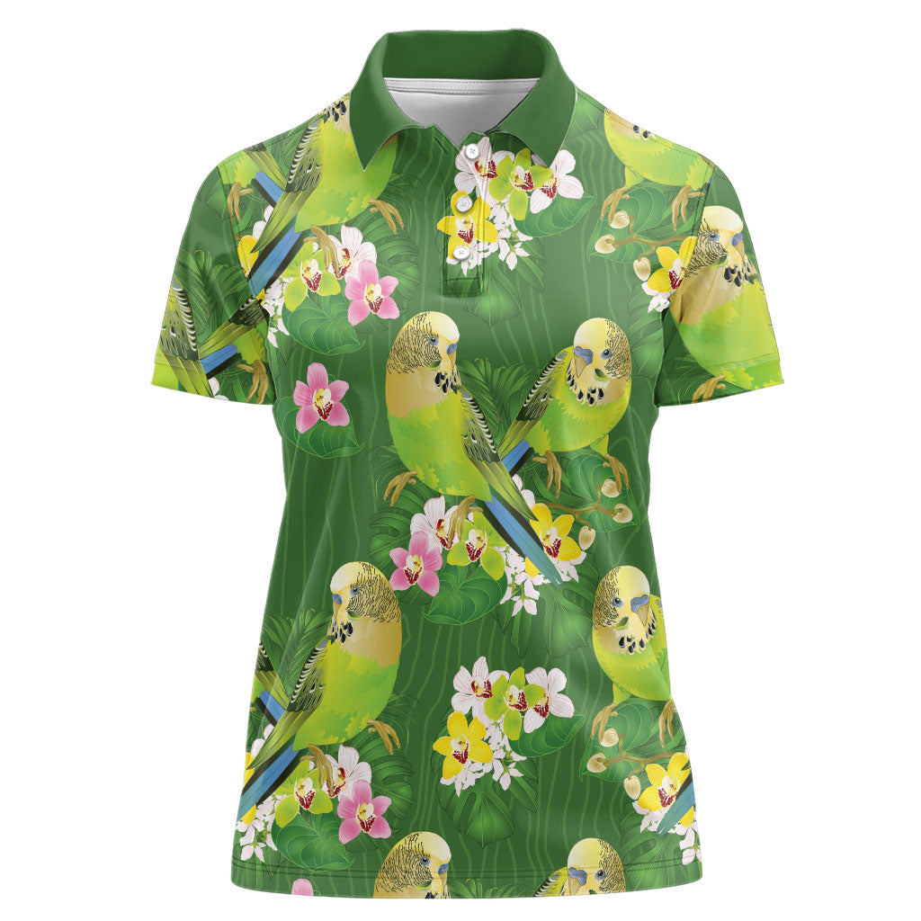 Australia Budgerigars Parakeets Women Polo Shirt Green And Yellow Bird Seamless Orchids Flowers