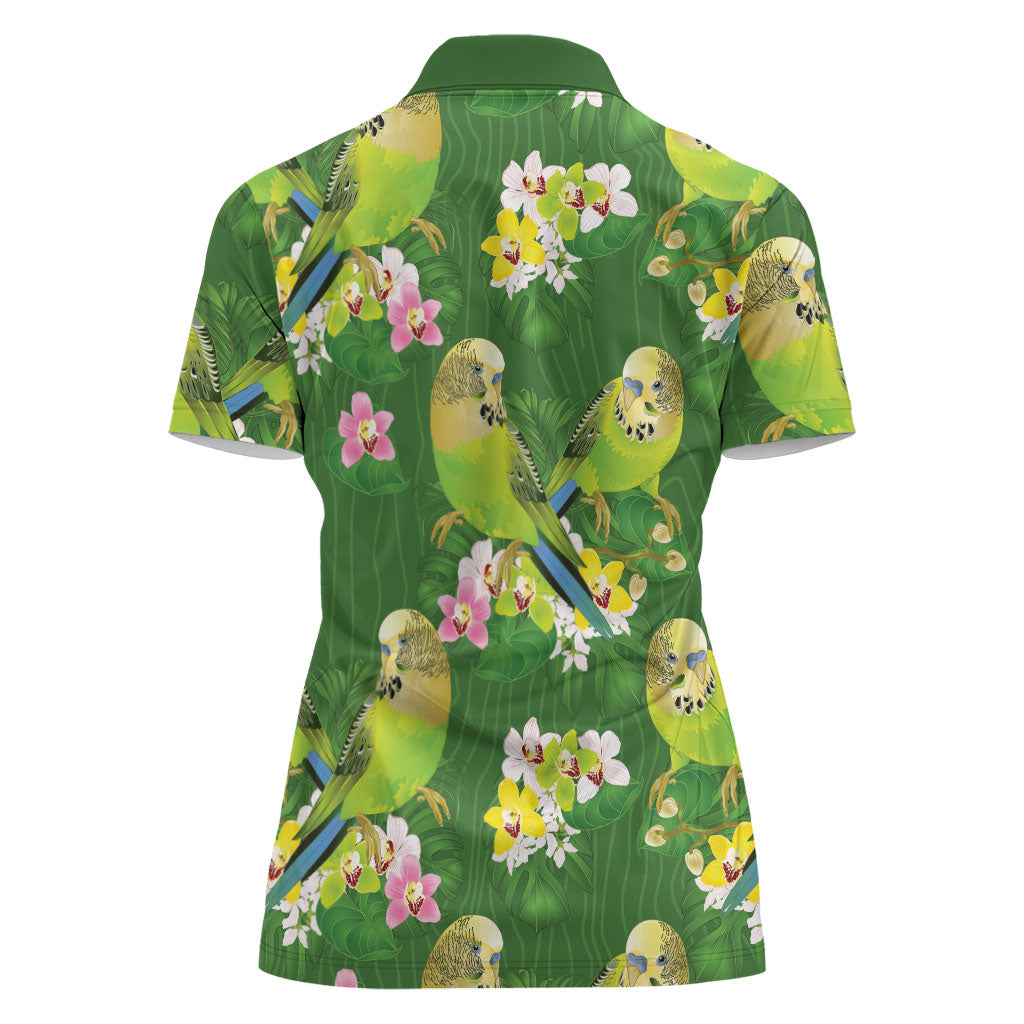 Australia Budgerigars Parakeets Women Polo Shirt Green And Yellow Bird Seamless Orchids Flowers