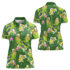 Australia Budgerigars Parakeets Women Polo Shirt Green And Yellow Bird Seamless Orchids Flowers