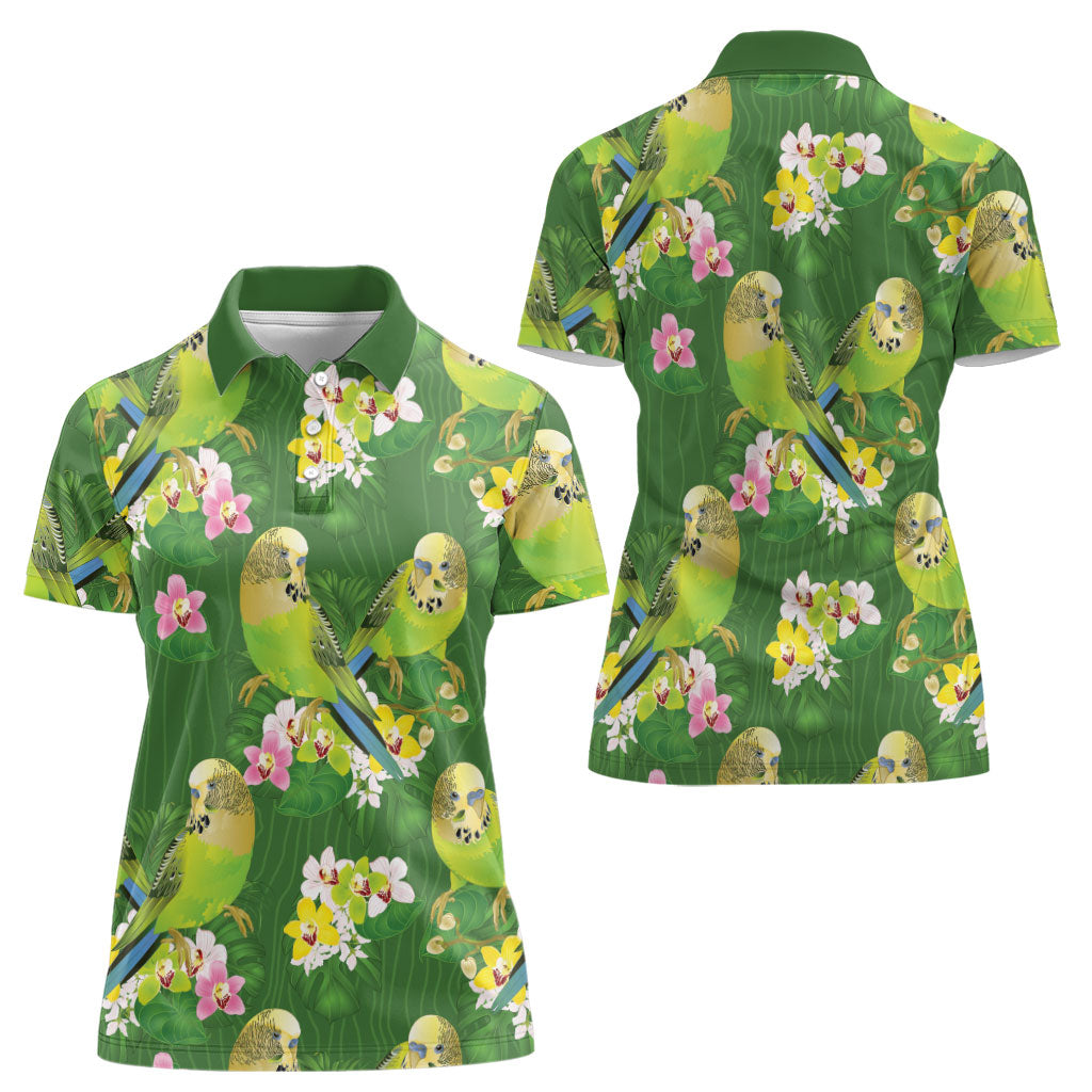 Australia Budgerigars Parakeets Women Polo Shirt Green And Yellow Bird Seamless Orchids Flowers