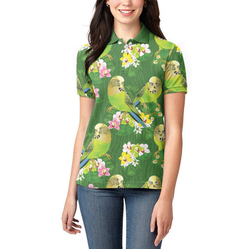 Australia Budgerigars Parakeets Women Polo Shirt Green And Yellow Bird Seamless Orchids Flowers