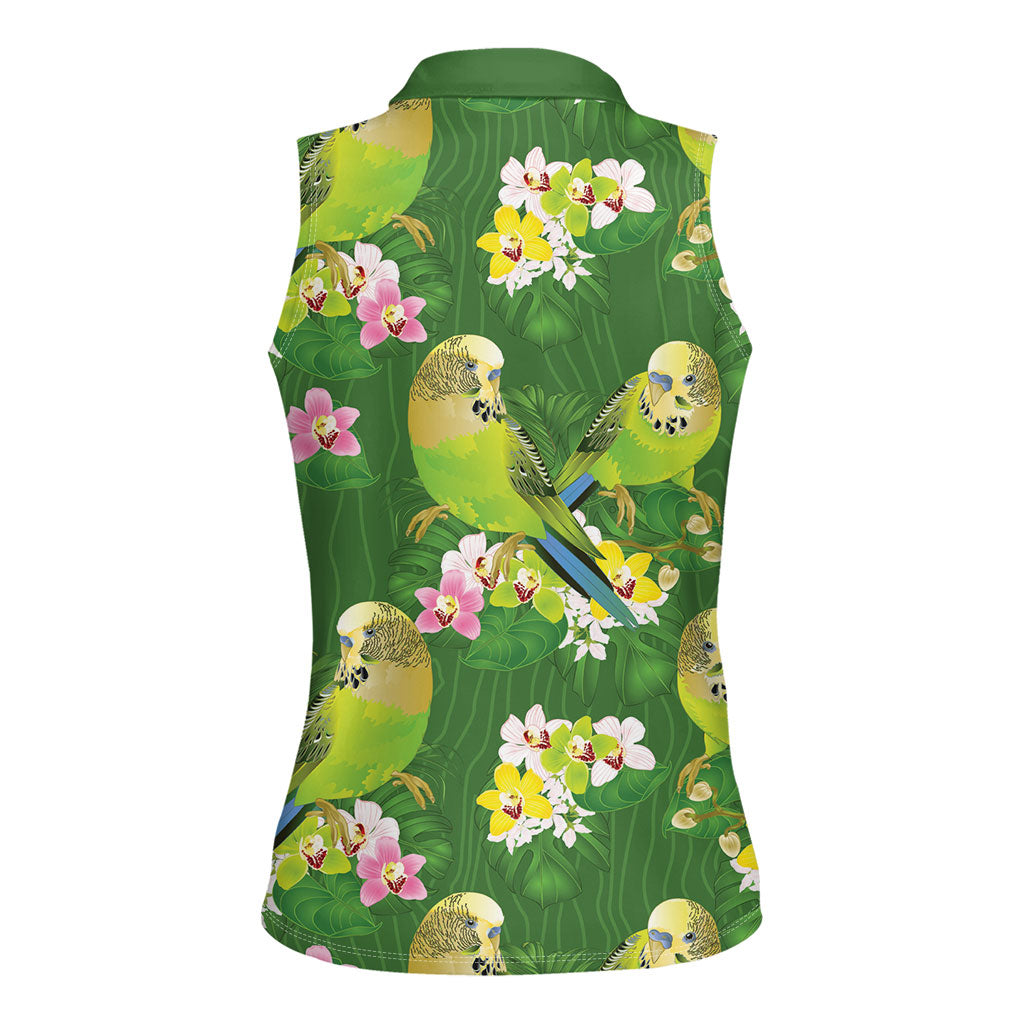 Australia Budgerigars Parakeets Women Sleeveless Polo Shirt Green And Yellow Bird Seamless Orchids Flowers