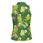 Australia Budgerigars Parakeets Women Sleeveless Polo Shirt Green And Yellow Bird Seamless Orchids Flowers