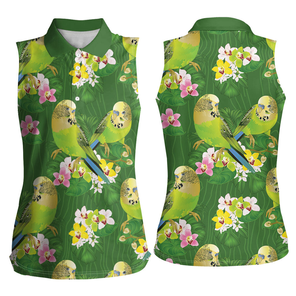 Australia Budgerigars Parakeets Women Sleeveless Polo Shirt Green And Yellow Bird Seamless Orchids Flowers
