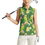 Australia Budgerigars Parakeets Women Sleeveless Polo Shirt Green And Yellow Bird Seamless Orchids Flowers