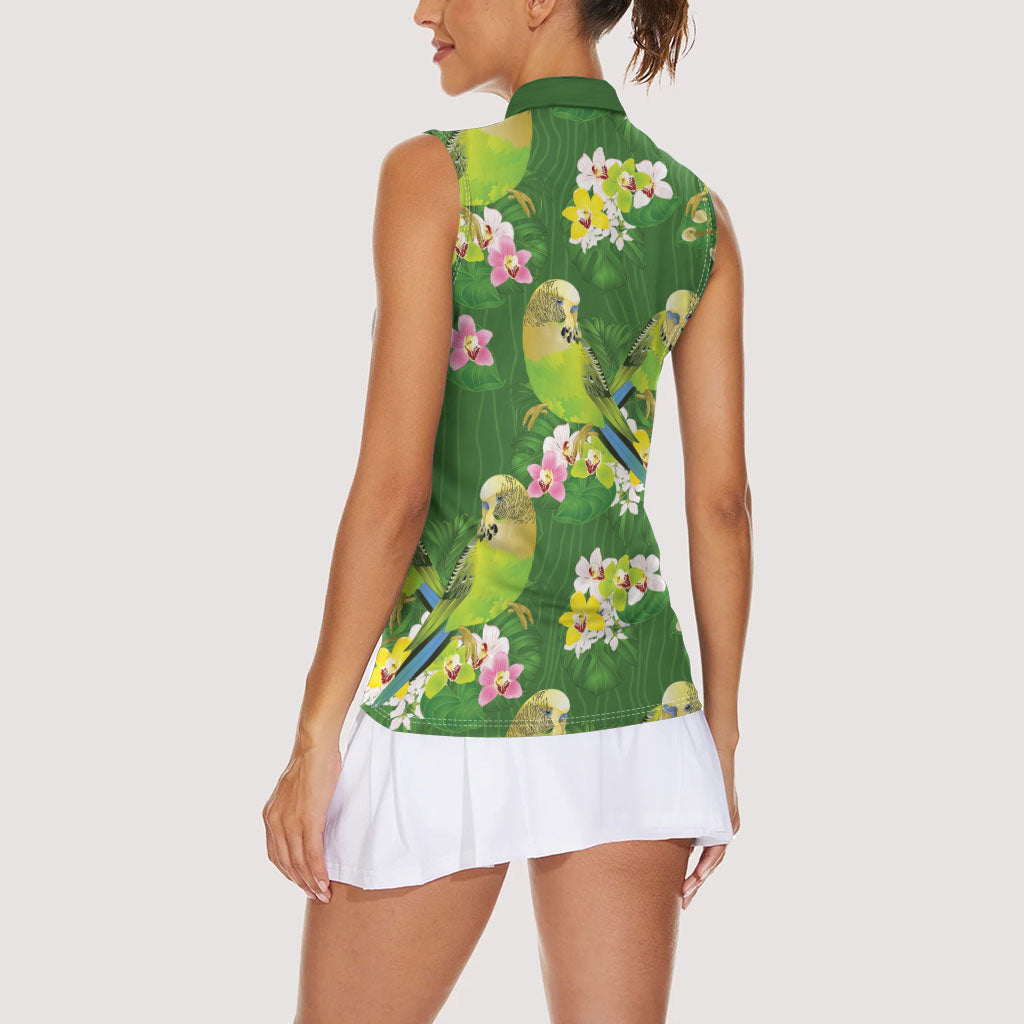 Australia Budgerigars Parakeets Women Sleeveless Polo Shirt Green And Yellow Bird Seamless Orchids Flowers