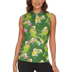 Australia Budgerigars Parakeets Women Sleeveless Polo Shirt Green And Yellow Bird Seamless Orchids Flowers