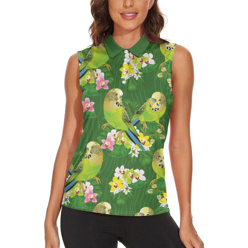Australia Budgerigars Parakeets Women Sleeveless Polo Shirt Green And Yellow Bird Seamless Orchids Flowers