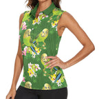 Australia Budgerigars Parakeets Women Sleeveless Polo Shirt Green And Yellow Bird Seamless Orchids Flowers
