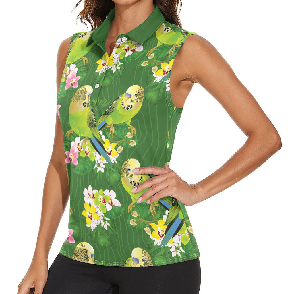 Australia Budgerigars Parakeets Women Sleeveless Polo Shirt Green And Yellow Bird Seamless Orchids Flowers
