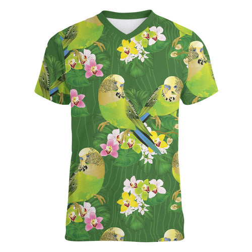 Australia Budgerigars Parakeets Women V-Neck T-Shirt Green And Yellow Bird Seamless Orchids Flowers