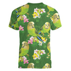 Australia Budgerigars Parakeets Women V-Neck T-Shirt Green And Yellow Bird Seamless Orchids Flowers