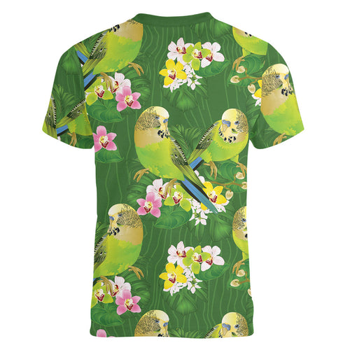 Australia Budgerigars Parakeets Women V-Neck T-Shirt Green And Yellow Bird Seamless Orchids Flowers