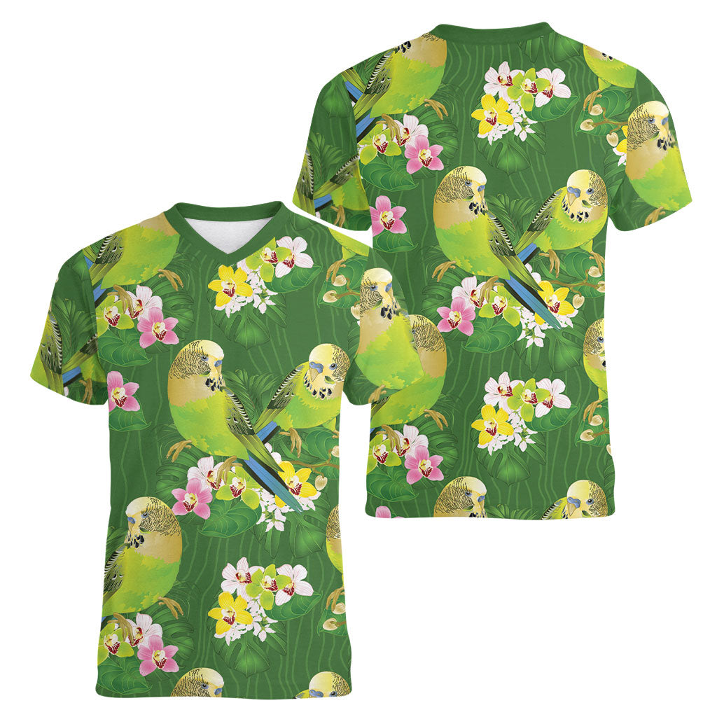 Australia Budgerigars Parakeets Women V-Neck T-Shirt Green And Yellow Bird Seamless Orchids Flowers